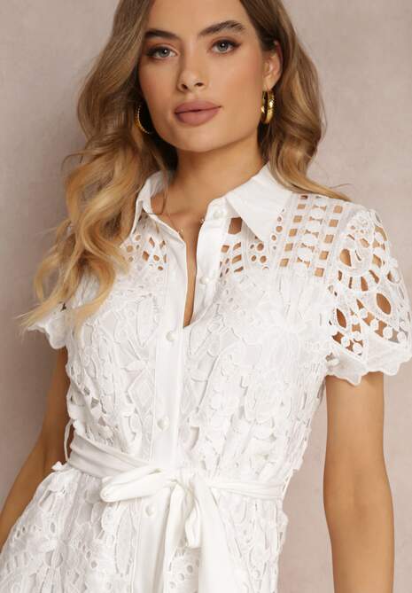 Biała Ażurowa Sukienka Koszulowa Wiązana w Pasie Lonnija