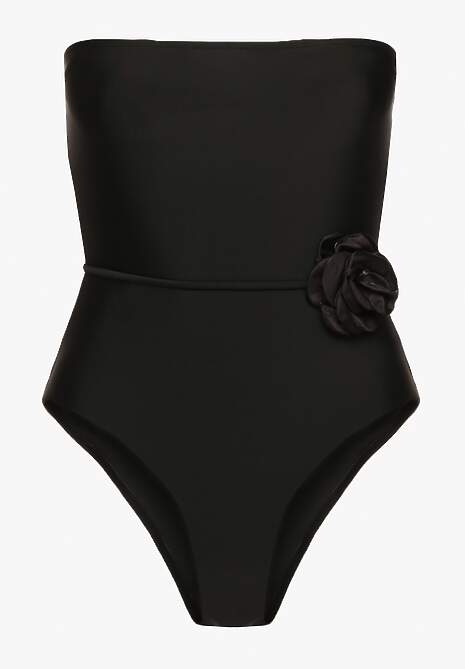 Czarny Strój Kąpielowy z Paskiem i Naszyjnikiem z Kwiatem 3D Irisrita