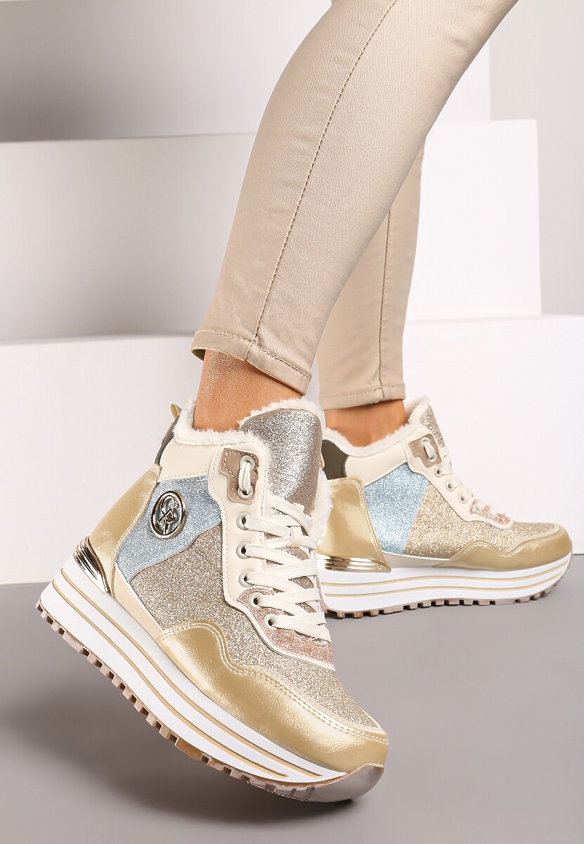 Złote Płaskie Sznurowane Botki w Sportowym Stylu z Metalicznym Wykończeniem Benalin