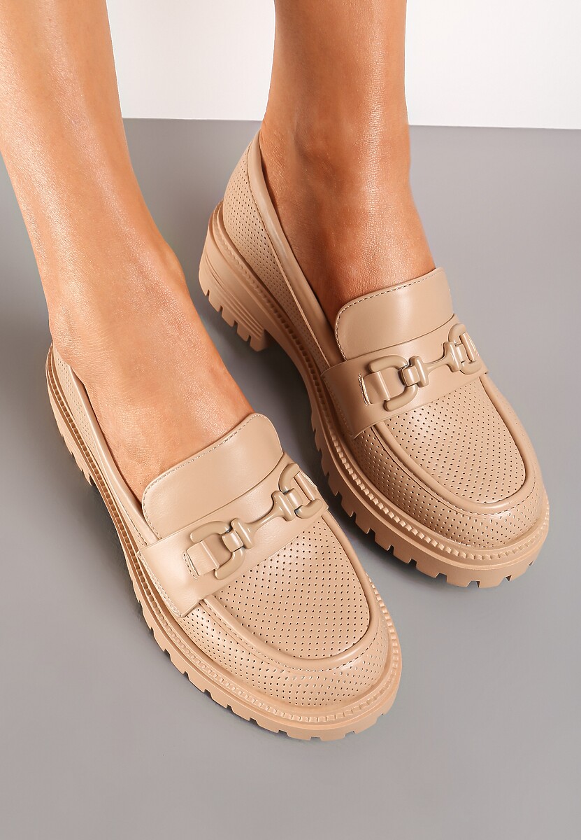 Ciemnobeżowe Mokasyny na Płaskim Obcasie z Klamerką i Dziurkowaniem Aielsit