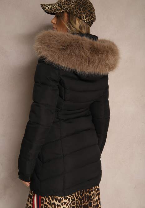 Czarno-Brązowa Pikowana Kurtka z Podszewką z Polarem i Kapturem z Futrzanym Obszyciem Eventina