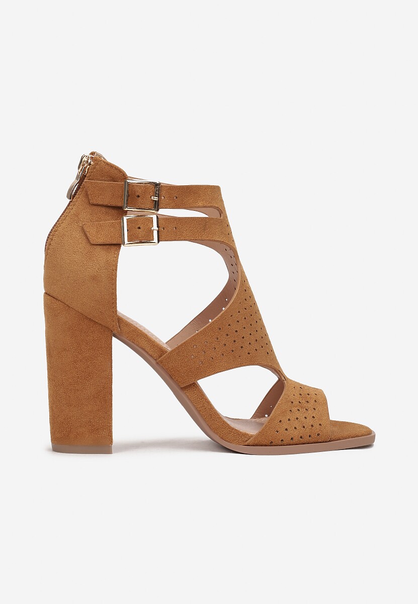 Brązowe Sandały na Wysokim Słupku z Perforacją Meeyah