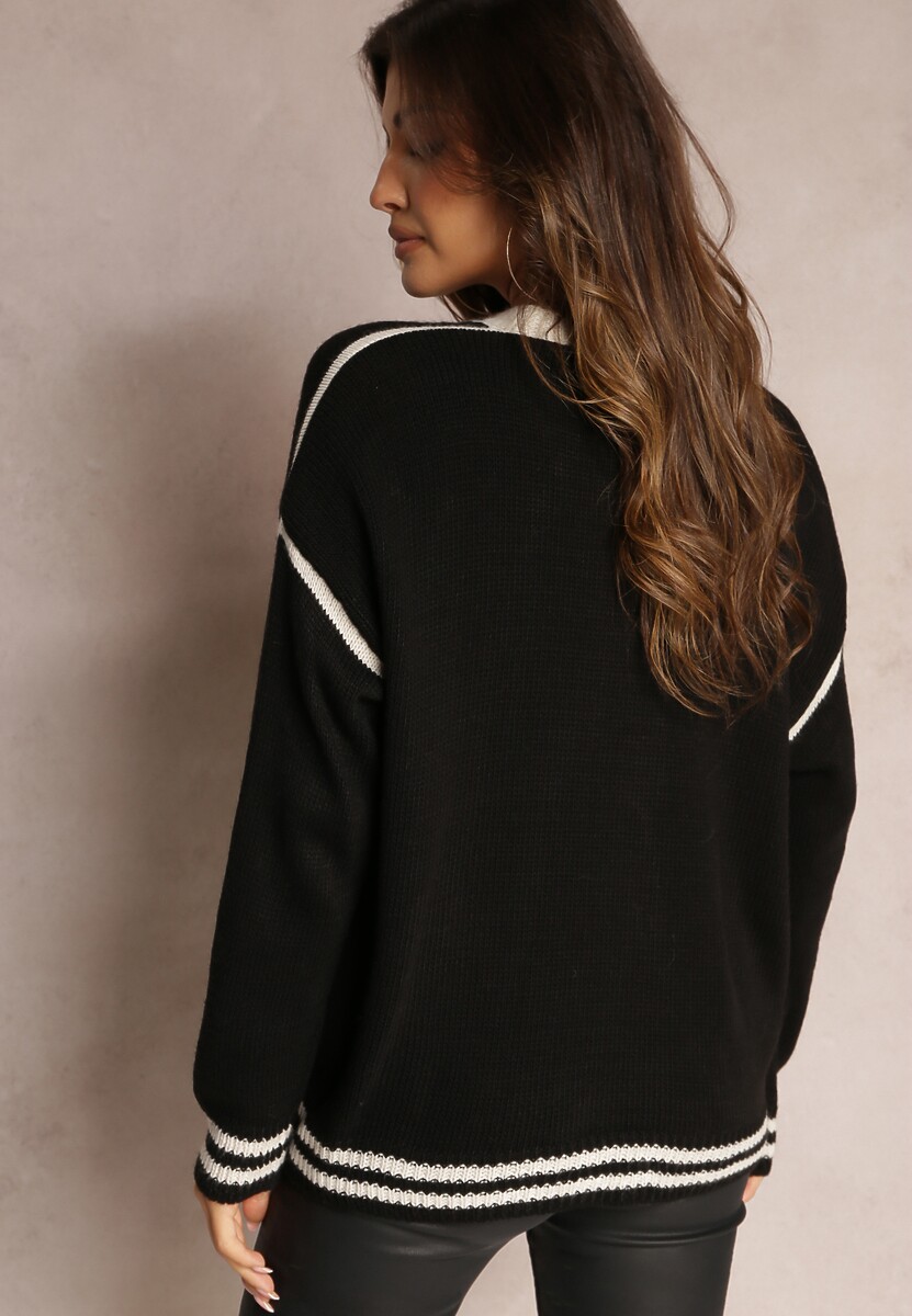 Czarny Kardigan z Metalicznymi Guzikami i Ozdobnymi Lamówkami Abovza