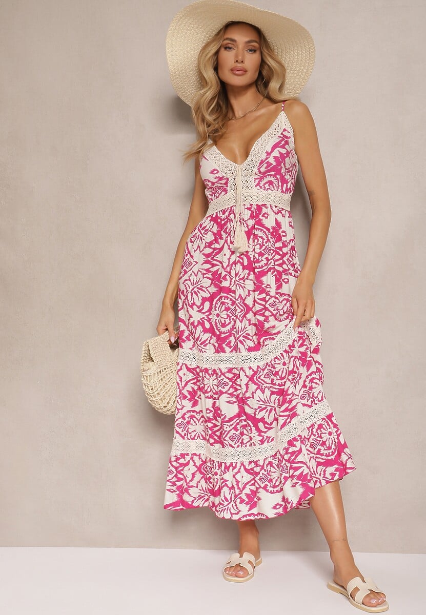 Różowa Sukienka z Bawełny o Rozkloszowanym Kroju w Etniczny Print Taliraya