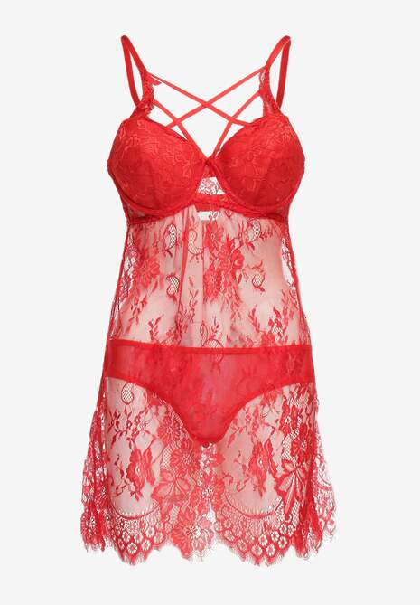 Czerwona Prześwitująca Koszula Nocna Koronkowa ze Stringami Arinth