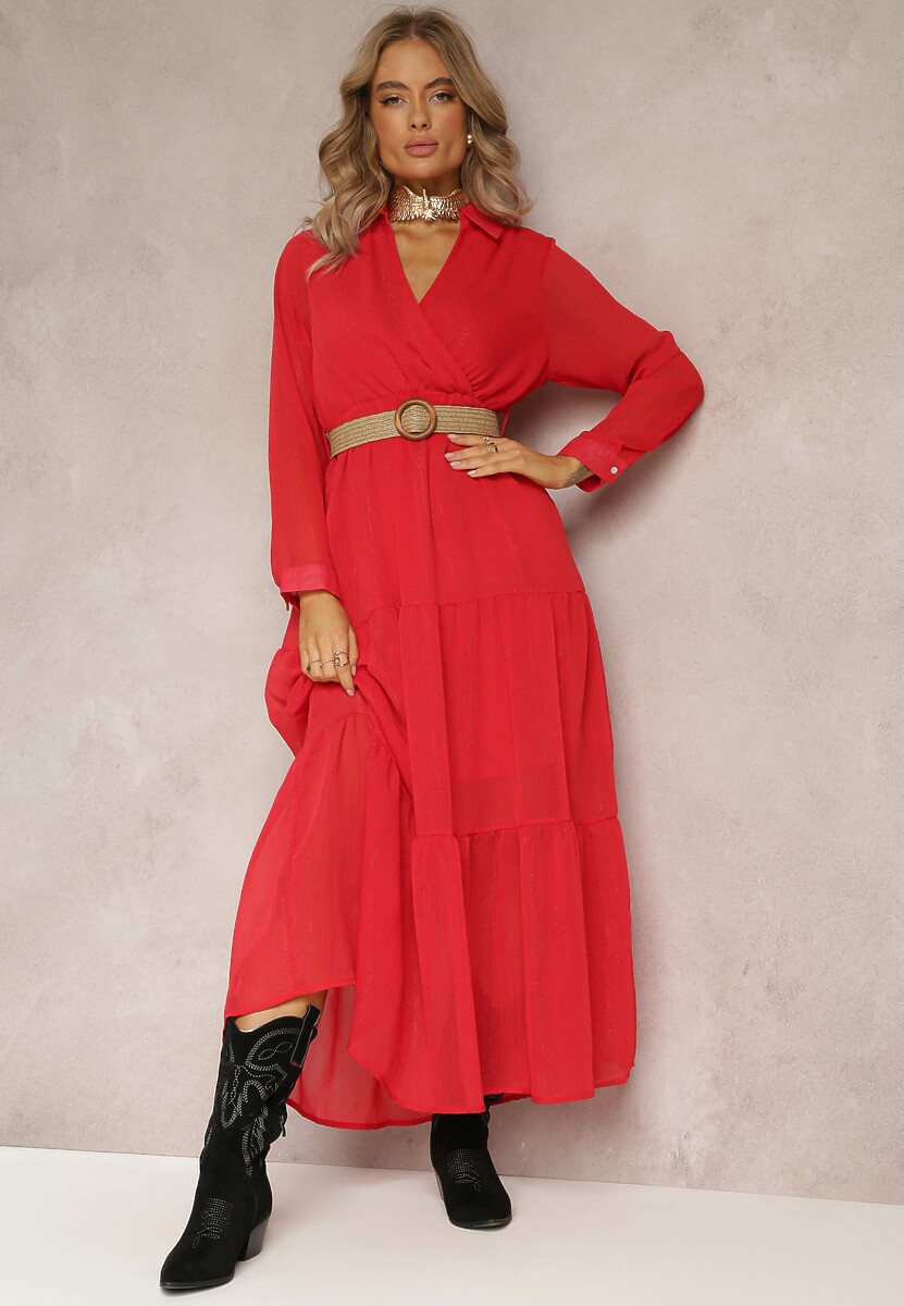 Ciemnozielona Sukienka z Kopertowym Dekoltem i Plecionym Paskiem Velo