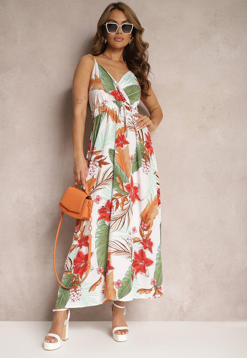 Biało-Zielona Wiskozowa Sukienka Rozkloszowana o Kopertowym Dekolcie na Ramiączkach Filinestia