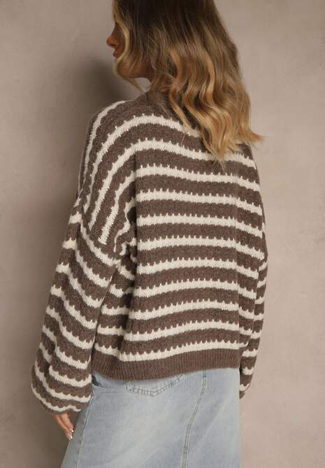 Brązowy Oversizowy Sweter w Paski z Dzianiny z Wełną i Wiskozą Aventole