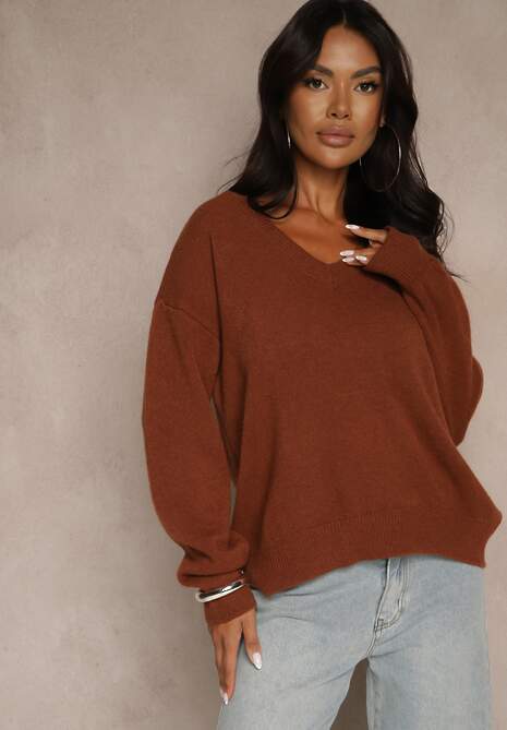Brązowy Sweter z Wiskozy Oversize Conime