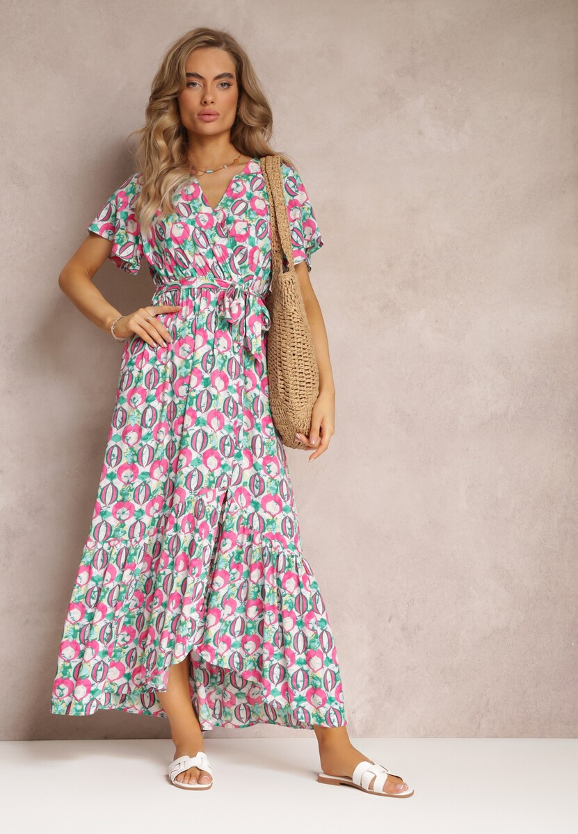 Różowa Sukienka z Wiskozy i Kopertowym Dekoltem w Fantazyjny Print Abai