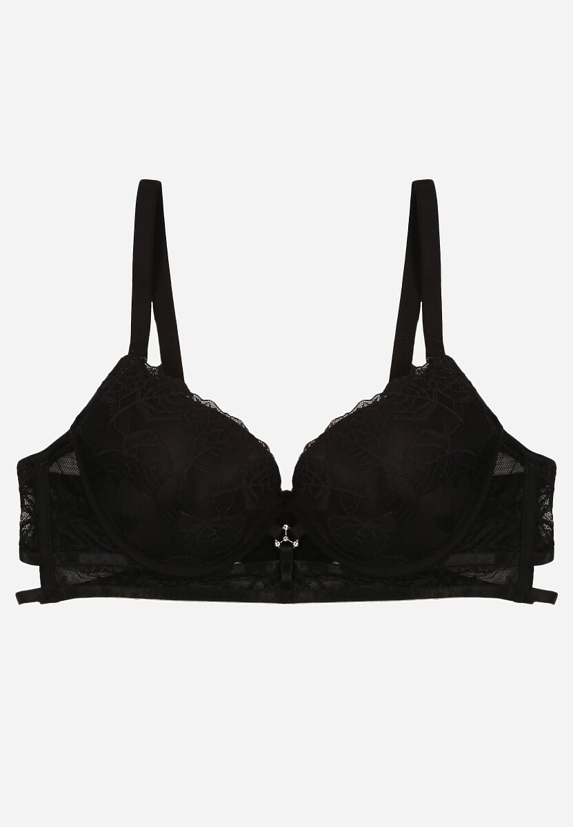 Czarny Koronkowy Biustonosz w Klasycznym Stylu z Aplikacją Galinassa