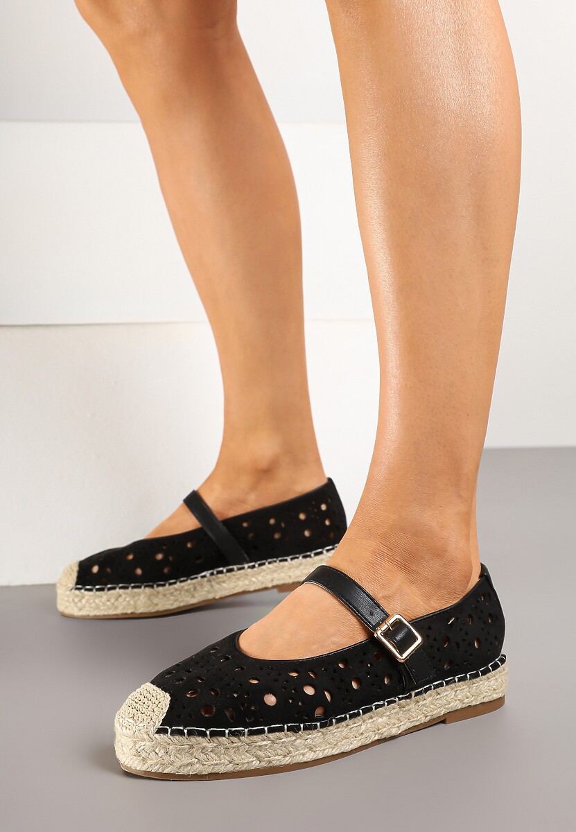 Czarne Płaskie Espadryle z Plecionką i Ażurową Cholewką Aralithra