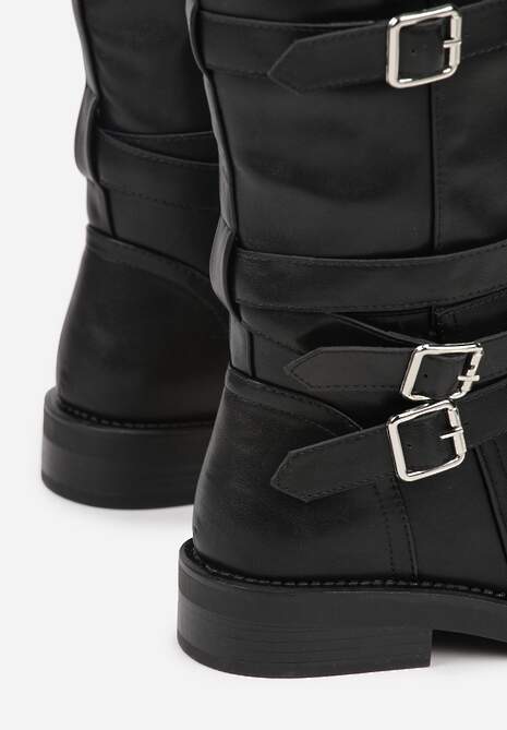 Czarne Kozaki Typu Bikery z Kwadratowymi Klamrami i Paskami Linadra