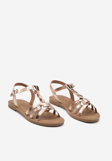 Szampańskie Płaskie Sandały z Imitacji Skóry Zapinane na Sprzączkę Obianna