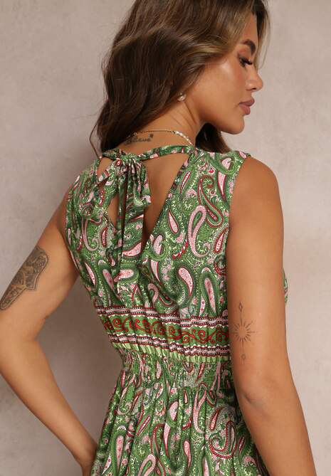 Zielona Wiskozowa Sukienka Paisley Maxi z Głębokim Dekoltem Shinne