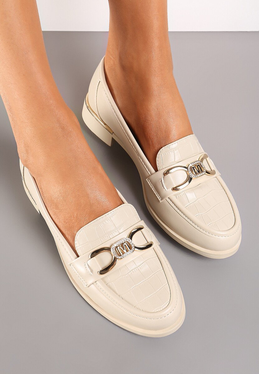 Beżowe Mokasyny Ozdobione Tłoczeniem na Wzór Skóry Krokodyla i Klamrą Viella