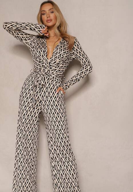 Czarny Kombinezon z Kopertowym Dekoltem Paskiem i Geometrycznym Printem Sarilen
