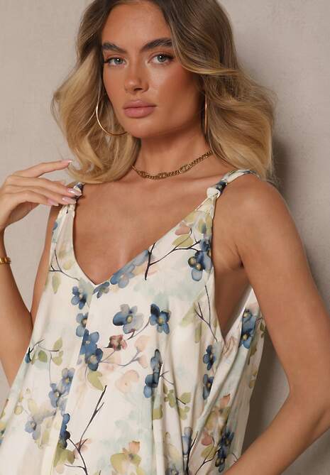 Beżowo-Niebieska Rozkloszowana Sukienka na Ramiączkach z Wiskozą w Kwiatowy Wzór Jenariona