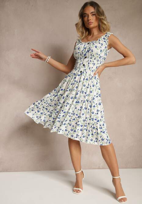 Biało-Niebieska Rozkloszowana Sukienka na Ramiączkach w Kwiatowy Print Xallio