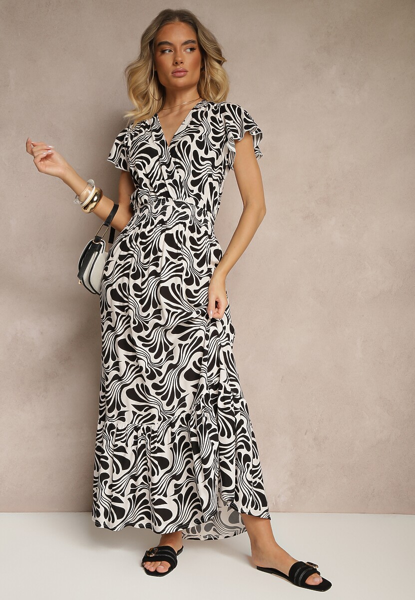 Czarna Kopertowa Sukienka z Ozdobną Falbanką w Kwiatowy Print Velmoi