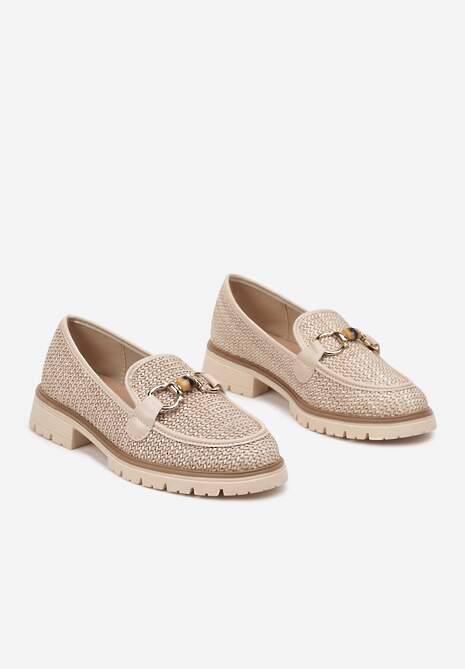 Beżowe Mokasyny z Plecionki z Ozdobną Aplikacją w Kształcie Łańcuszka Faneolyn
