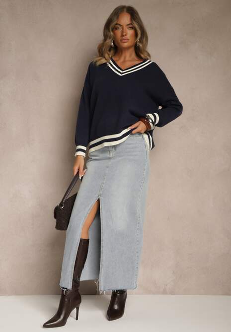 Granatowy Sweter Preppy z Dodatkiem Kaszmiru Lincire