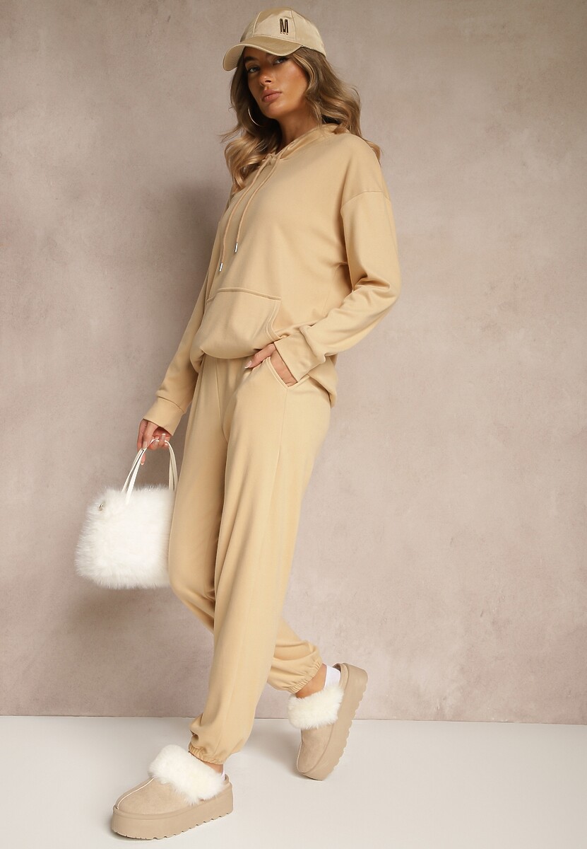 Ciemnobeżowy Komplet Dresowy Spodnie i Bluza z Kapturem i Kangurową Kieszenią Lotilea