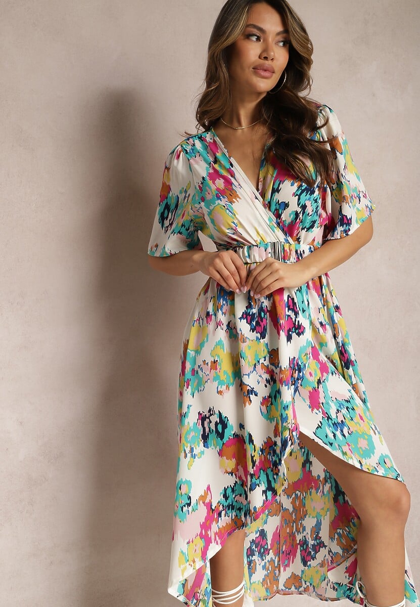 Biało-Zielona Asymetryczna Sukienka z Gumką w Pasie i Kopertowym Dekoltem Perlana