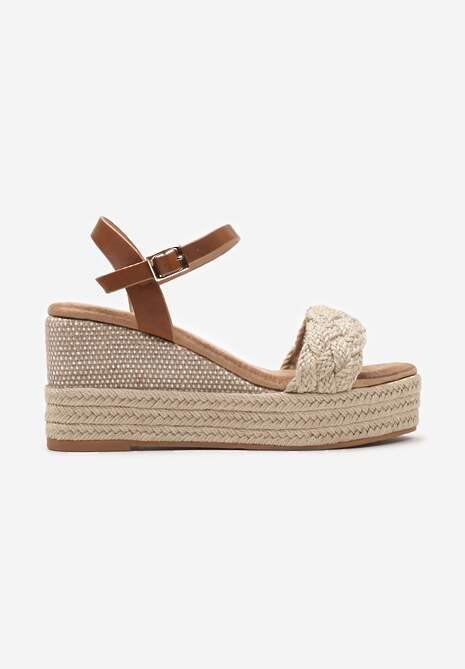 Beżowe Sandały na Koturnie z Plecionki Ozdobione Metaliczną Nicią Zapinane na Sprzączkę Julalia