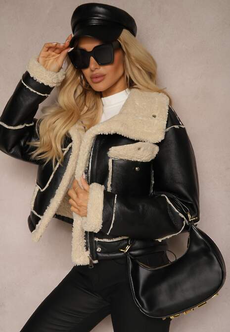 Czarna Kurtka Typu Biker o Krótkim Kroju z Kołnierzem i Kieszeniami Naonellea