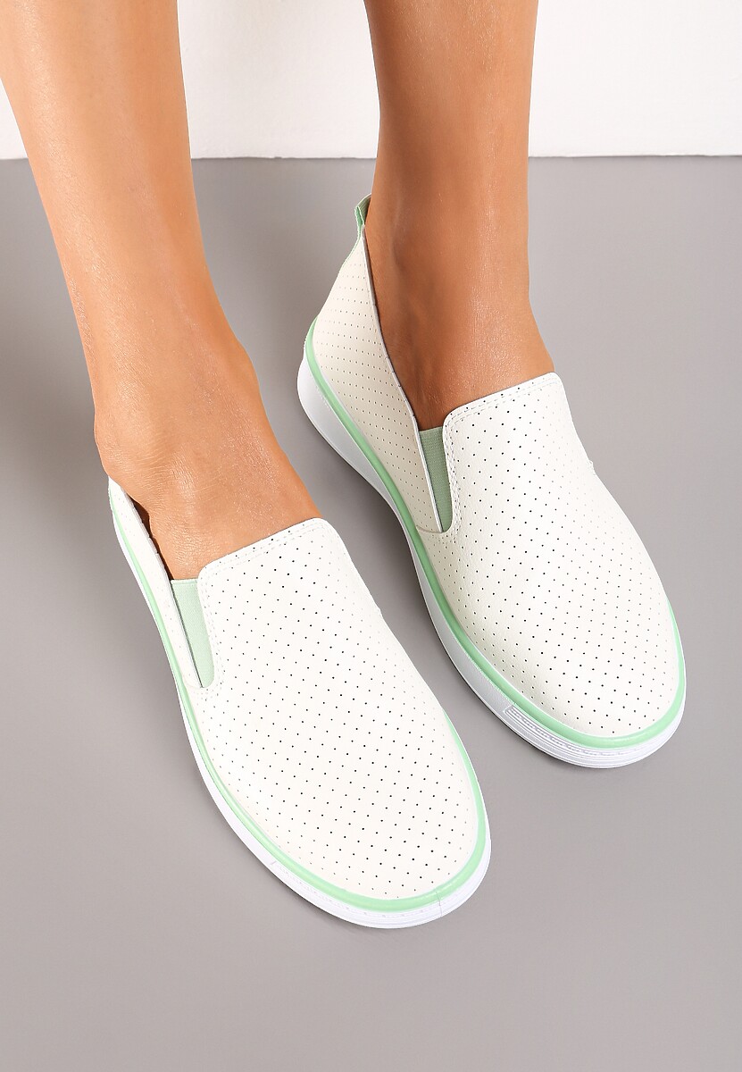 Biało-Zielone Tenisówki z Ekoskóry z Ozdobną Perforacją i Brokatem Alirentta