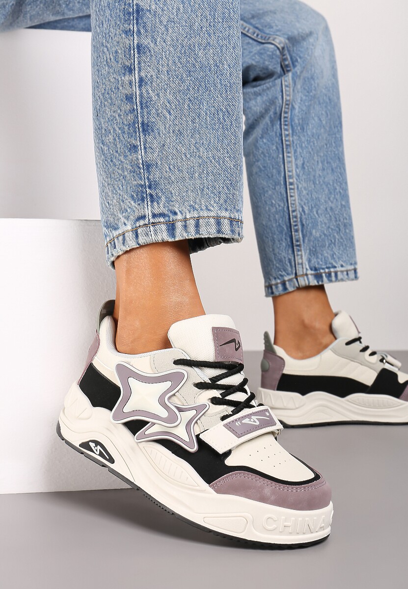 Beżowo-Fioletowe Sneakersy na Platformie z Grubymi Sznurowadłami i Zapięciem na Rzep Arlaia