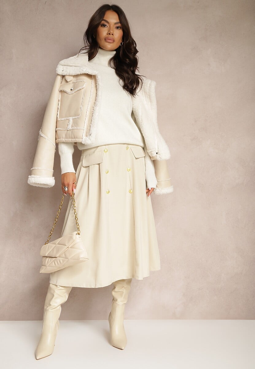 Beżowa Rozkloszowana Spódnica z Ozdobnymi Guzikami i Paskiem w Talii Vikkira