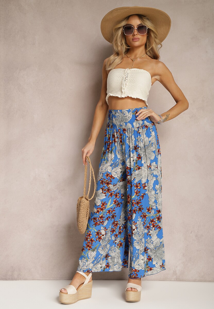 Ciemnoróżowe Spodnie z Wiskozy z Gumką w Talii i Szerokimi Nogawkami w Kwiaty Selinia