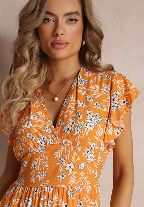 Pomarańczowa Rozkloszowana Sukienka z Wiskozy i Falbankami Brindisi