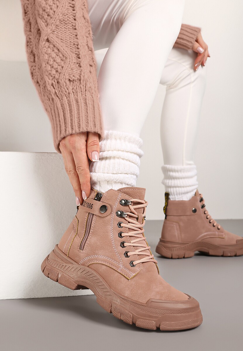 Różowe Sznurowane Botki Traperki na Grubej Podeszwie Trewenna