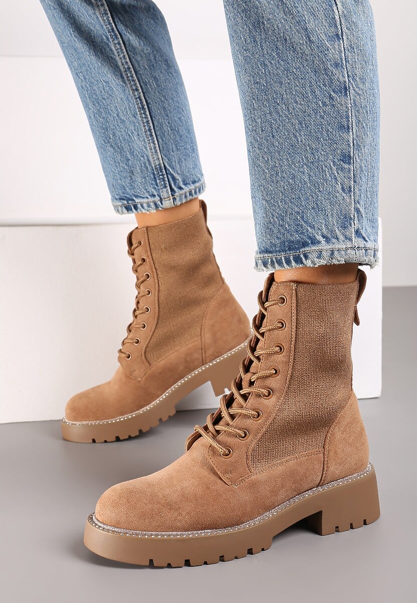 Jasnobrązowe Sznurowane Płaskie Botki w Stylu Workerów z Brokatową Elastyczną Cholewką Creene