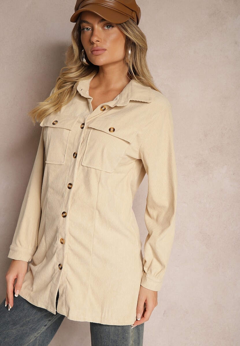 Zielona Taliowana Koszula Sztruksowa o Długim Kroju z Kieszeniami Veloriana