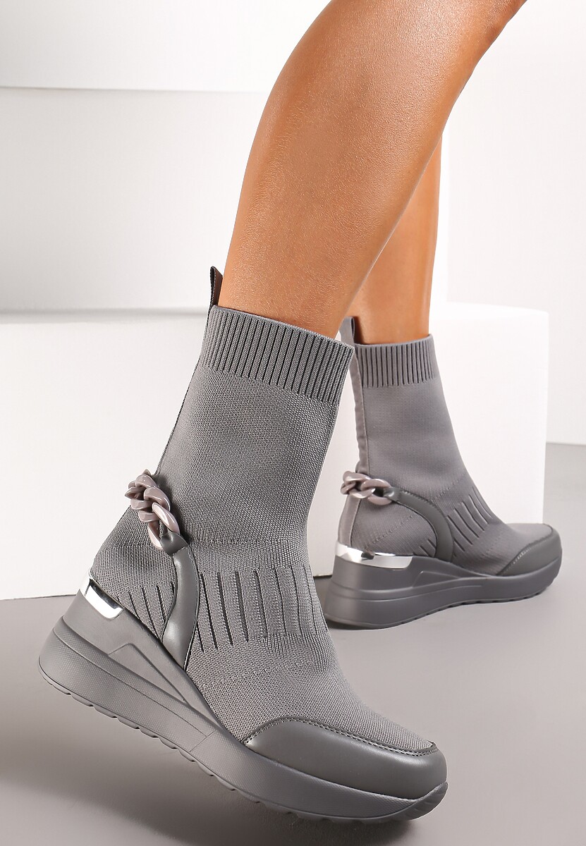 Szare Botki na Koturnie ze Skarpetkową Cholewką Inseta