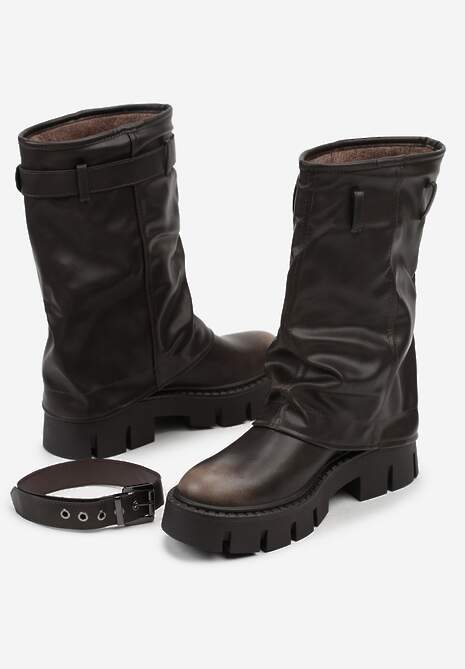 Brązowe Botki Biker Boots z Cholewką Imitującą Nogawkę z Klamerką Veresta