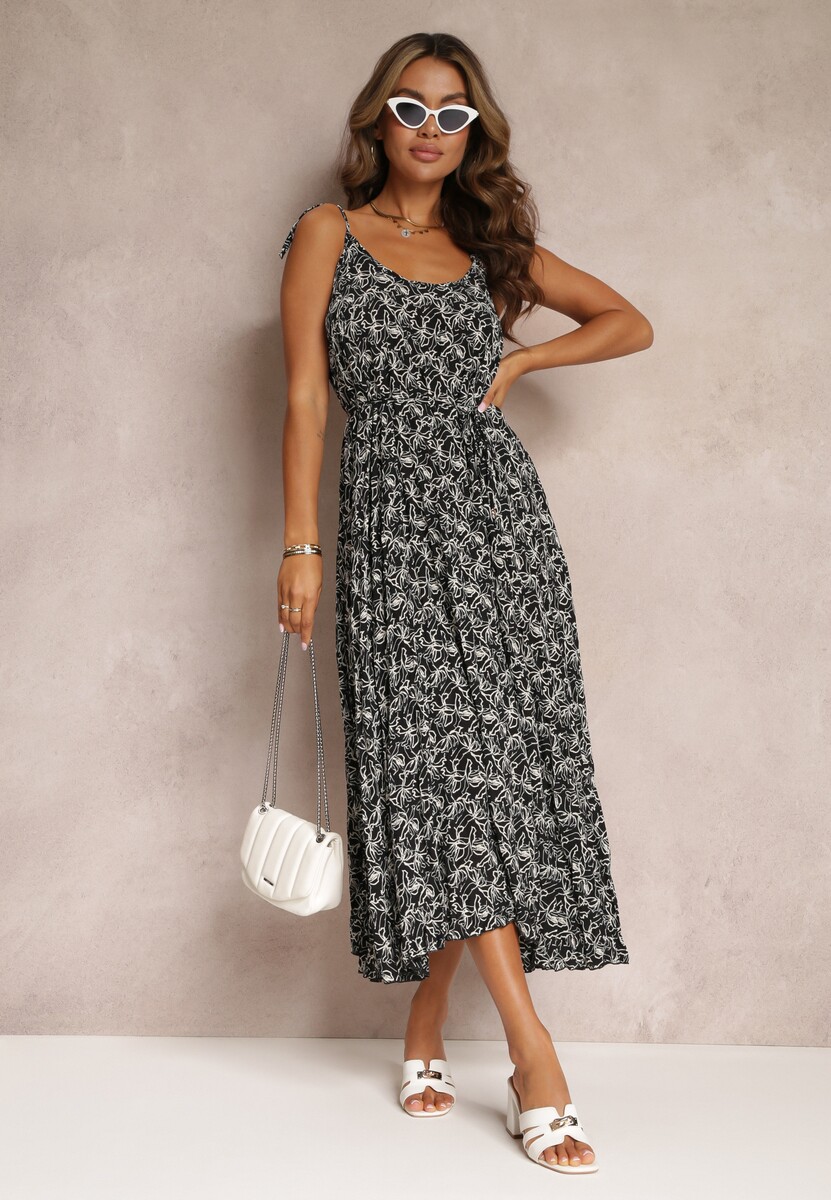 Czarna Sukienka Maxi Wiązana na Ramionach z Rozkloszowanym Dołem Matiltta