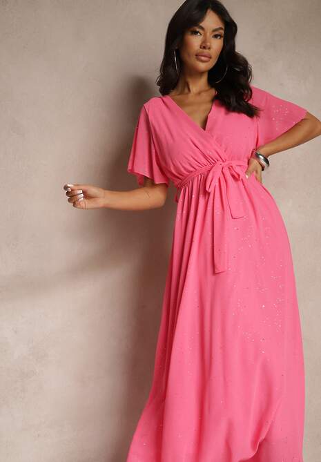 Fuksjowa Koktajlowa Brokatowa Sukienka z Paskiem Addlea