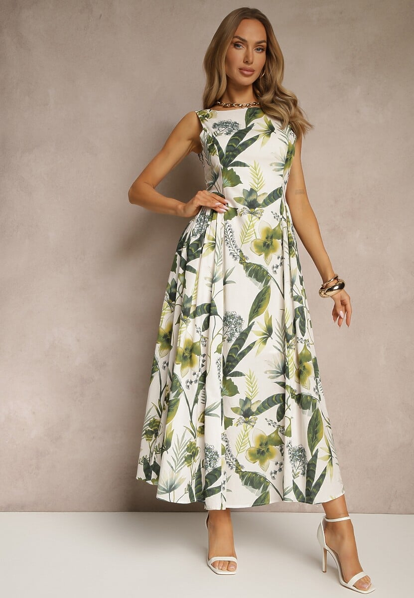 Biała Sukienka w Roślinny Wzór z Bawełny o Rozkloszowanym Kroju Korlio