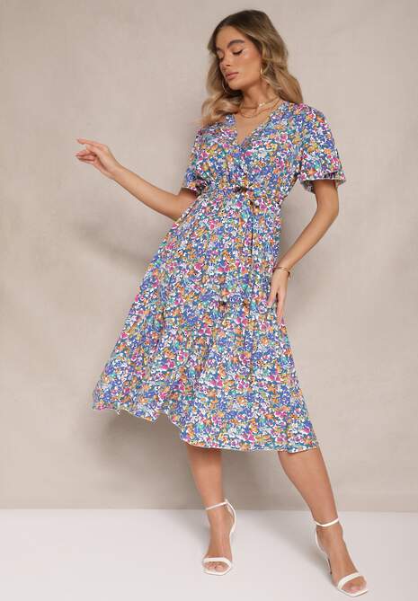 Niebieska Sukienka z Plisami w Kwiecisty Print o Rozkloszowanym Kroju Lanelin
