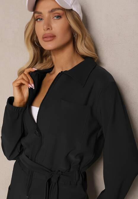 Czarny Kombinezon z Elastyczną Gumką w Pasie z Dodatkowym Wiązaniem o Luźnym Kroju Creera