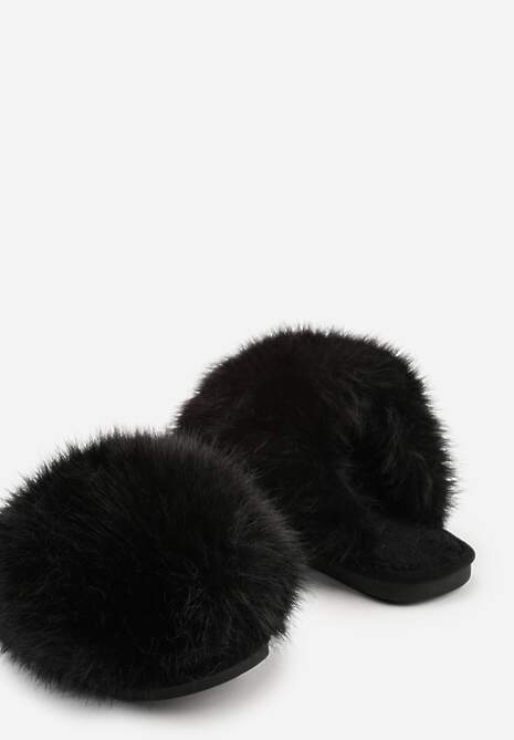 Czarne Miękkie Kapcie Ozdobione Długim Włosiem Cendria