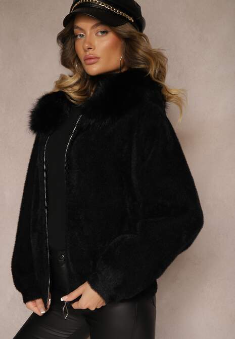 Czarna Bluza Rozpinana z Wełną i Wiskozą Ozdobiona Futerkiem Vesalttia