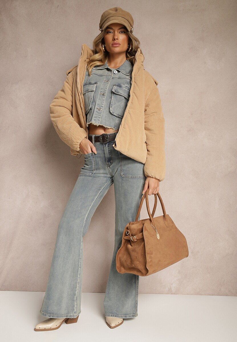 Beżowa Puchowa Kurtka Sztruksowa z Kapturem z Możliwością Odpięcia Sinrielle