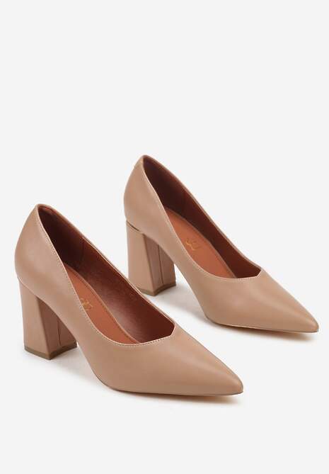 Beżowe Czółenka Vices na Geometrycznym Słupku ze Skórzaną Wkładką Modvire