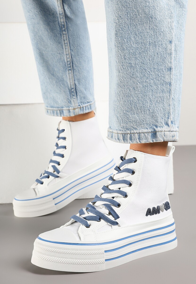 Białe Trampki z Cholewką za Kostkę i Kontrastowym Sznurowaniem Rivloti